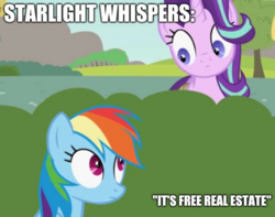 Size: 1369x1080 | Tagged: safe, artist:forgalorga, edit, editor:apex soundwave, rainbow dash, starlight glimmer, pegasus, pony, unicorn, give me your wings, g4, :<, caption, creepy, duo, female, funny, image macro, impact font, it's free real estate, mare, meme, text, wat