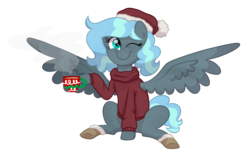 Size: 1024x632 | Tagged: safe, artist:ashidaii, oc, oc only, oc:floral rift, pegasus, pony, chocolate, christmas, clothes, female, food, hat, holiday, hot chocolate, mare, santa hat, simple background, solo, sweater, transparent background