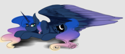 Size: 2166x943 | Tagged: safe, artist:shamy-crist, princess luna, pony, g4, alternate hairstyle, female, gray background, prone, simple background, solo, two toned wings