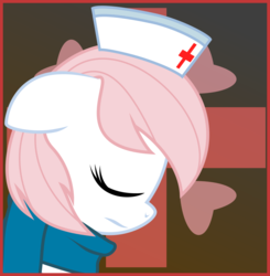 Size: 900x918 | Tagged: safe, artist:eagle1division, nurse redheart, pony, g4, bowing, clothes, cutie mark background, eyes closed, female, floppy ears, hat, nurse hat, profile, red cross, sad, scarf, side view, solo, vector