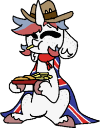 Size: 319x410 | Tagged: safe, artist:nootaz, oc, fish, pony, ^^, commission, eating, eyes closed, floppy ears, food, french fries, hat, simple background, solo, transparent background, union jack