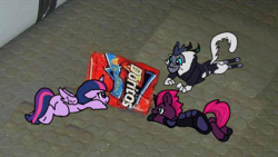 Size: 800x450 | Tagged: safe, artist:nootaz, storm king, tempest shadow, twilight sparkle, alicorn, pony, g4, my little pony: the movie, chips, commission, doritos, food, irl, photo, ponies in real life, twilight sparkle (alicorn)