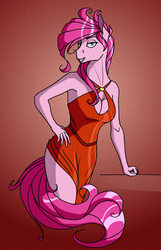 Size: 2028x3150 | Tagged: safe, artist:akweer, pinkie pie, earth pony, anthro, g4, breasts, busty pinkie pie, cleavage, clothes, dress, female, hand on hip, high res, looking at you, mare, pinkamena diane pie, red dress, smiling, solo