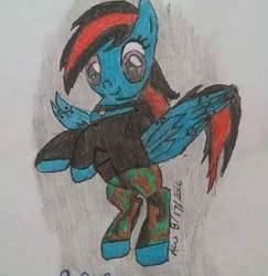 Size: 468x482 | Tagged: safe, oc, oc:mistic spirit, cyborg, camouflage, clothes, collar, female, hoodie, pants, prosthetic wing, signature, standing, traditional art, wings