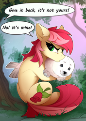 Size: 1500x2120 | Tagged: safe, artist:yakovlev-vad, roseluck, earth pony, pony, seal, g4, :3, animal, cut, cute, dialogue, ear fluff, female, floppy ears, fluffy, frown, glare, hug, leg fluff, looking back, mare, offscreen character, plushie, pouting, rosabetes, shoulder fluff, sitting, solo, speech bubble, stealing