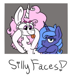 Size: 660x715 | Tagged: safe, artist:pink-pone, princess celestia, princess luna, pony, g4, cewestia, chest fluff, female, filly, photo, sillestia, silly, silly pony, tongue out, woona, younger