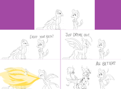 Size: 2564x1886 | Tagged: safe, artist:sintakhra, gallus, smolder, dragon, griffon, tumblr:studentsix, g4, comic, crossed hooves, dragoness, female, fire, fire breath, male, monochrome, singed, smoke, spread wings, this ended in fire, wet, you asked for it