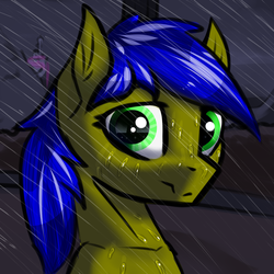 Size: 2000x2000 | Tagged: safe, artist:endelthepegasus, oc, oc only, oc:scotch tape, earth pony, pony, fallout equestria, fallout equestria: project horizons, canterlot castle, fanfic art, female, high res, hoofington, looking at you, mare, mountain, rain, solo, wet, wet mane