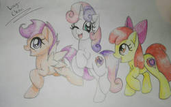 Size: 1024x644 | Tagged: safe, artist:enviaart, apple bloom, scootaloo, sweetie belle, earth pony, pegasus, pony, unicorn, g4, cutie mark, cutie mark crusaders, female, filly, signature, the cmc's cutie marks, traditional art