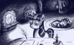 Size: 2880x1788 | Tagged: safe, artist:instant-noodle5, spike, twilight sparkle, pony, g4, candle, fireplace, magic, monochrome, prone, quill, sleeping, traditional art