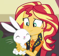 Size: 800x758 | Tagged: safe, screencap, angel bunny, sunset shimmer, equestria girls, equestria girls specials, g4, my little pony equestria girls: better together, my little pony equestria girls: forgotten friendship, angelbetes, animated, cropped, cute, geode of empathy, gif, leather vest, loop, magical geodes, shimmerbetes