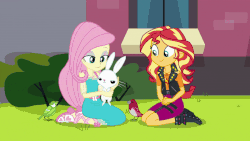 Size: 800x450 | Tagged: safe, screencap, angel bunny, fluttershy, sunset shimmer, bird, equestria girls, equestria girls series, forgotten friendship, g4, angelbetes, animated, cute, geode of empathy, geode of fauna, gif, lucky bastard, magical geodes, shimmerbetes, shyabetes, trio