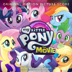 Size: 3000x3000 | Tagged: safe, applejack, fluttershy, pinkie pie, rainbow dash, rarity, spike, twilight sparkle, alicorn, dragon, earth pony, pony, unicorn, g4, my little pony: the movie, official, album cover, cover, daniel ingram, female, high res, male, mane seven, mane six, mare, my little pony logo, my little pony: the movie logo, smiling, soundtrack, twilight sparkle (alicorn)