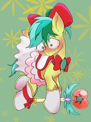 Size: 899x1200 | Tagged: safe, artist:noupu, sandbar, earth pony, pony, g4, abstract background, blushing, bow, clothes, crossdressing, cute, embarrassed, flying, hair bow, hoof hold, magical girl, male, saddle, sandabetes, shrunken pupils, sissy, skirt, socks, solo, tack, white socks