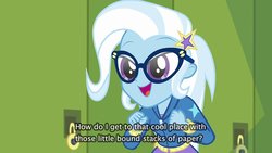 Size: 900x506 | Tagged: safe, screencap, trixie, best trends forever, best trends forever: twilight sparkle, equestria girls, g4, my little pony equestria girls: better together, caption, glasses