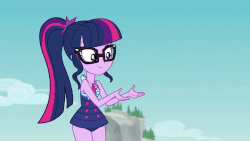 Size: 800x450 | Tagged: safe, screencap, sci-twi, twilight sparkle, human, equestria girls, equestria girls specials, g4, my little pony equestria girls: better together, my little pony equestria girls: forgotten friendship, animated, clothes, drone, feet, female, flip-flops, geode of telekinesis, gif, glasses, magical geodes, one-piece swimsuit, ponytail, rock horse, sandals, sci-twi swimsuit, selfie drone, sleeveless, solo, swimsuit