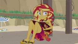 Size: 800x450 | Tagged: safe, screencap, sunset shimmer, equestria girls, equestria girls specials, g4, my little pony equestria girls: better together, my little pony equestria girls: forgotten friendship, animated, book, clothes, female, gif, sad, sleeveless, solo, swimsuit