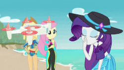 Size: 800x450 | Tagged: safe, screencap, applejack, fluttershy, rarity, human, equestria girls, equestria girls series, forgotten friendship, g4, animated, blowing a kiss, clothes, cute, drone, female, flirting, geode of fauna, geode of shielding, gif, hat, loop, magical geodes, raribetes, selfie drone, sexy, sun hat, swimsuit