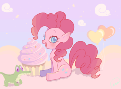 Size: 1280x935 | Tagged: dead source, safe, artist:p3e3c, gummy, pinkie pie, earth pony, pony, g4, balloon, blushing, cloud, cupcake, cute, diapinkes, female, food, heart, heart balloon, looking at you, mare, open mouth, sky, stars
