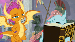Size: 960x540 | Tagged: safe, edit, edited screencap, screencap, ocellus, smolder, changedling, changeling, dragon, a matter of principals, g4, animated, armor, book, bookworm, cute, diaocelles, flying, gif, loop, reading, school of friendship, smolder is not amused, unamused