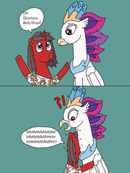 Size: 1536x2048 | Tagged: safe, artist:supahdonarudo, queen novo, oc, oc:ironyoshi, classical hippogriff, hippogriff, series:novoember, g4, my little pony: the movie, dialogue, exclamation point, question mark, speech bubble, surprised, this will not end well