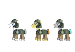 Size: 3543x2480 | Tagged: safe, artist:horsesplease, double diamond, feather bangs, oc, oc:morning hope, g4, armor, birthday gift art, combat armor, crossover, flak jacket, helmet, high res, imperial guard, imperium, male, paint tool sai, soldier, soldier pony, stallion, trio, warhammer (game), warhammer 40k