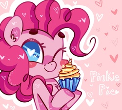 Size: 1024x929 | Tagged: safe, artist:dreamilicious, pinkie pie, earth pony, pony, g4, beanbrows, chest fluff, cupcake, cute, diapinkes, ear fluff, eyebrows, female, food, heart eyes, one eye closed, solo, wingding eyes, wink