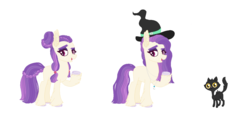 Size: 1422x646 | Tagged: safe, artist:bizaardwolf, oc, oc only, oc:bubbly brew, oc:spook (cat), cat, earth pony, pony, blank flank, ear fluff, eyebrows, eyeshadow, female, hair bun, hat, jewelry, makeup, male, mare, necklace, open mouth, pigtails, raised hoof, simple background, unshorn fetlocks, white background, witch, witch hat