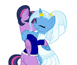 Size: 609x518 | Tagged: safe, artist:neighsay, trixie, twilight sparkle, alicorn, pony, unicorn, g4, alicornified, clothes, dress, duo, eyes closed, female, horn, horn ring, hug, kiss on the lips, kissing, lesbian, mare, marriage, race swap, ring, ship:twixie, shipping, trixiecorn, twilight sparkle (alicorn), wedding, wedding dress, wedding ring