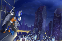 Size: 5000x3317 | Tagged: safe, artist:mintjuice, oc, oc only, oc:frost winterblade, pegasus, anthro, anthro oc, city, cityscape, clothes, cloud, female, mare, night, parkour, runner, sitting, sky, skyscraper, solo, sporty style, stars, water, window, ych result