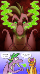 Size: 900x1626 | Tagged: safe, artist:inuhoshi-to-darkpen, smolder, spike, dragon, g4, adult, adult spike, comedy, comic, dragoness, female, male, older, older smolder, older spike, simple background, smoke, smoking, water, winged spike, wings