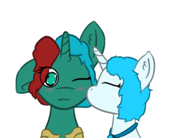 Size: 2700x2160 | Tagged: safe, artist:strella_, oc, oc:mysty glimmer, oc:starmoon snowflake, 2 colors mane, amulet, blinking, blue mane, cheek kiss, clothes, green eyes, high res, jewelry, kissing, looking at you