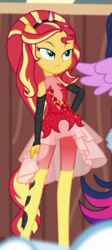 Size: 291x649 | Tagged: safe, screencap, sunset shimmer, equestria girls, equestria girls series, g4, rollercoaster of friendship, cropped, hand on hip, ponied up, sleeveless