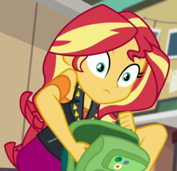 Size: 985x951 | Tagged: safe, screencap, sunset shimmer, equestria girls, equestria girls specials, g4, my little pony equestria girls: better together, my little pony equestria girls: forgotten friendship, backpack, cropped, female, out of context, solo, surprised