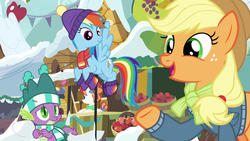 Size: 1280x720 | Tagged: safe, screencap, applejack, rainbow dash, rainbow stars, spike, dragon, g4, my little pony best gift ever, clothes, scarf, snow, striped scarf, winged spike, wings, winter outfit