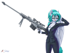 Size: 1200x868 | Tagged: safe, artist:skorpionletun, oc, oc only, oc:sky fang, anthro, anthro oc, barrett m82, clothes, female, glasses, gun, military, no trigger discipline, signature, simple background, solo, suit, sunglasses, weapon, white background, ych result