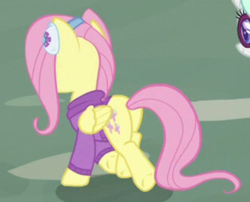 Size: 292x236 | Tagged: safe, screencap, fluttershy, g4, my little pony best gift ever, butt, clothes, cropped, earmuffs, plot, winter outfit