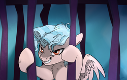 Size: 900x573 | Tagged: safe, artist:rutkotka, cozy glow, pegasus, pony, g4, school raze, cage, chest fluff, cozy glow is best facemaker, crazy glow, evil smile, female, filly, foal, freckles, grin, insanity, pure concentrated unfiltered evil of the utmost potency, pure unfiltered evil, scene interpretation, smiling, solo, wanna be friends?
