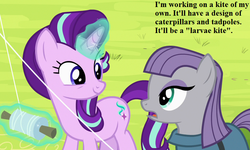 Size: 750x450 | Tagged: safe, edit, edited screencap, editor:korora, screencap, maud pie, starlight glimmer, g4, rock solid friendship, cropped, dialogue, kite, pun, that pony sure does love kites, that pony sure does love rocks