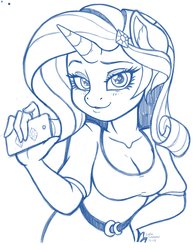 Size: 2550x3300 | Tagged: safe, artist:latecustomer, rarity, unicorn, anthro, g4, belt, breasts, cleavage, clothes, ear fluff, female, heart eyes, high res, looking at you, mare, monochrome, phone, sketch, smiling, solo, wingding eyes