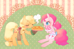 Size: 1280x853 | Tagged: safe, artist:kkmrarar, applejack, pinkie pie, earth pony, pony, g4, :p, apple, apple pie, apron, clothes, cute, eyes closed, female, food, holiday, hoof hold, lesbian, mare, oven mitts, pie, pun, ship:applepie, shipping, silly, starry eyes, thanksgiving, tongue out, wingding eyes