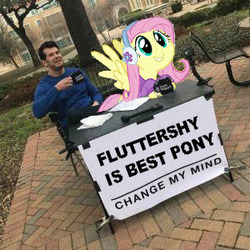 Size: 300x300 | Tagged: safe, derpibooru exclusive, edit, editor:joeydr, fluttershy, human, pegasus, best pony, change my mind, earmuffs, female, grin, irl, irl human, male, mare, meme, photo, smiling, spread wings, squee, text, wings