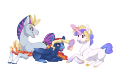 Size: 3400x2000 | Tagged: safe, artist:jackiebloom, oc, oc only, oc:diletto, oc:felicity, oc:fire aurora, pony, unicorn, colored hooves, comb, ear piercing, female, high res, horn, horn ring, magic, magic aura, male, mare, offspring, parent:princess cadance, parent:shining armor, parents:shiningcadance, piercing, realistic horse legs, simple background, stallion, telekinesis, transparent background