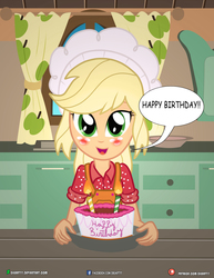 Size: 3090x4000 | Tagged: safe, artist:dieart77, applejack, equestria girls, g4, blushing, cake, candle, dessert, dialogue, female, fire, food, happy birthday, hat, kitchen, looking at you, open mouth, solo, speech bubble