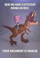 Size: 1833x2683 | Tagged: safe, artist:edhelistar, derpibooru exclusive, fluttershy, dinosaur, tyrannosaurus rex, equestria girls, g4, badass, crossover, doll, equestria girls minis, fall formal outfits, flutterbadass, humans riding dinosaurs, image macro, irl, jurassic park, jurassic world, knee-high boots, meme, photo, ponied up, rexy, riding, roar, text, toy, your argument is invalid