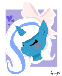 Size: 976x1190 | Tagged: safe, artist:dragodragonartz, oc, oc only, oc:fleurbelle, alicorn, pony, abstract background, alicorn oc, bow, bust, eyes closed, hair bow, signature, solo