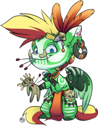 Size: 1280x1662 | Tagged: safe, artist:kez, oc, oc only, oc:omega, pegasus, pony, bodypaint, clothes, costume, ear piercing, earring, feather, halloween, holiday, jewelry, piercing, scar, simple background, skull, solo, transparent background, voodoo doll, witch doctor