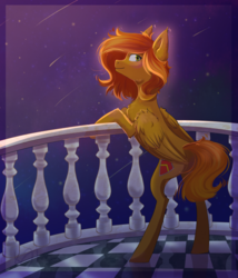 Size: 3001x3508 | Tagged: safe, artist:shiro-roo, oc, oc only, oc:camber, pegasus, pony, balcony, bipedal, bipedal leaning, female, high res, leaning, looking at you, looking back, looking back at you, mare, night, shooting star, solo