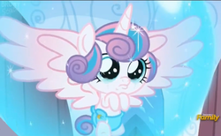 Size: 868x536 | Tagged: safe, screencap, princess flurry heart, pony, g4, the crystalling, about to cry, baby, baby alicorn, baby flurry heart, baby pony, blue diaper, cloth diaper, crying, cute, daaaaaaaaaaaw, diaper, large wings, magic bubble, sad, sad eyes, safety pin, spread wings, teary eyes, this will end in pain, weapons-grade cute, wings