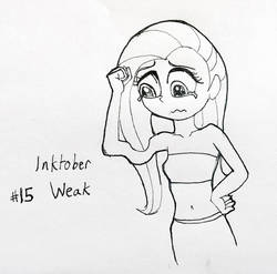 Size: 900x890 | Tagged: safe, artist:grissaecrim, fluttershy, equestria girls, g4, belly button, clothes, crying, disappointed, flexing, hand on hip, inked, inktober, midriff, simple background, sketch, traditional art, tube top, white background